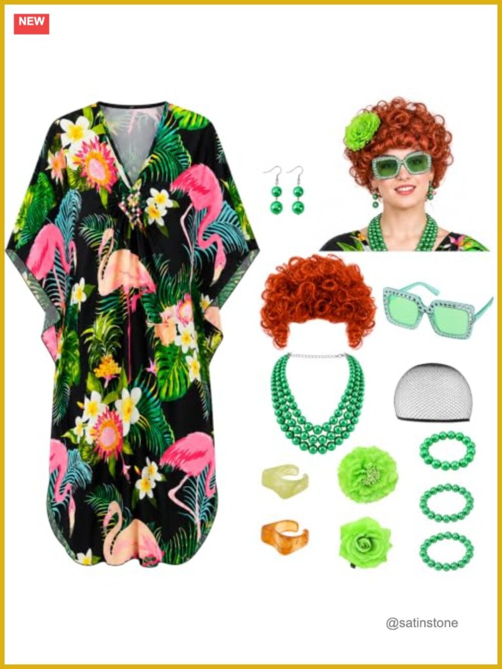 70s Landlady Caftan Costume Set Curly Wig Jewelry Retro Disguise Cosplay
